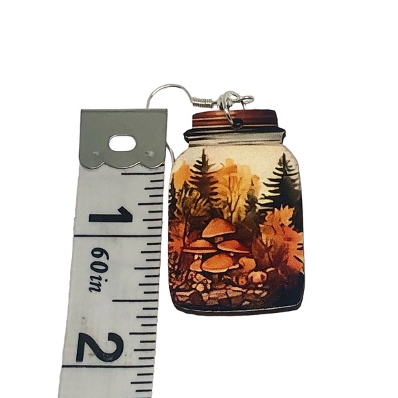 NEW WOODEN Autumn Mushrooms In A Jar Earrings - Picture 6 of 9